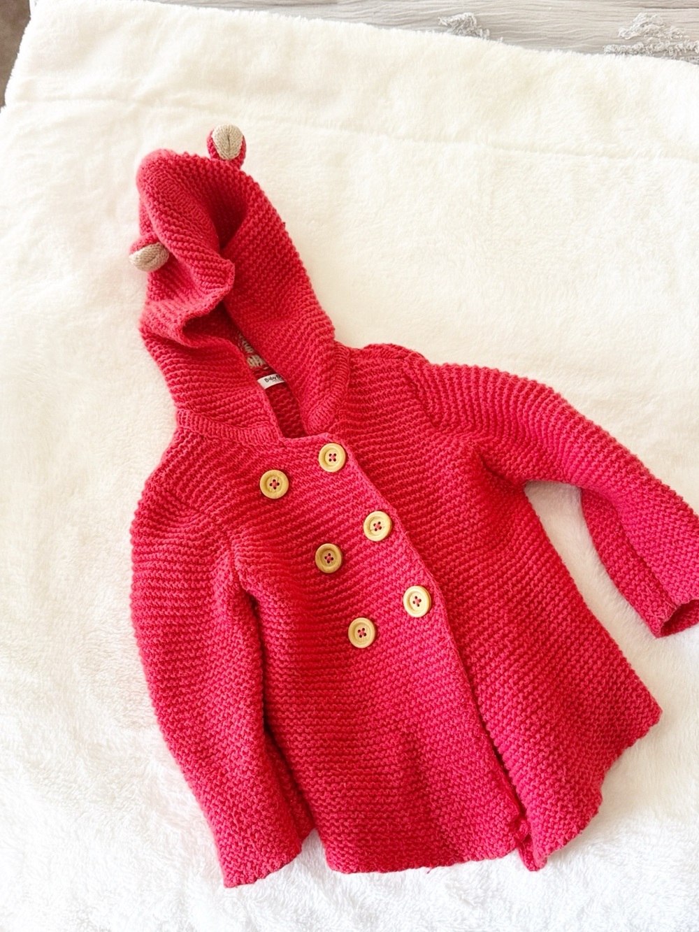 Baby Boden red knit button long sleeve hooded bear cardigan size 6-12 months